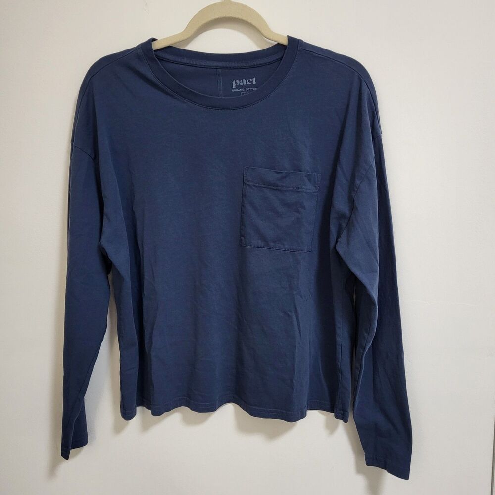 PACT Womens L Organic Cotton Blue Softspun Long Sleeve Pocket T- Shirt